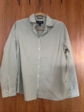 Lands' End Women's Green and White Striped Button-Down Shirt